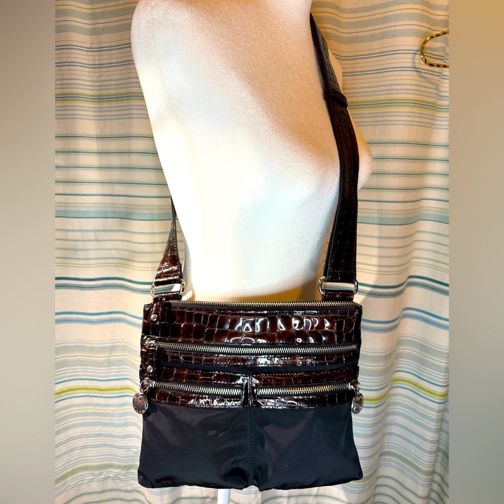 Brighton Purse Black Nylon Brown Croc Leather Crossbody Handbag Tortoise Shell
